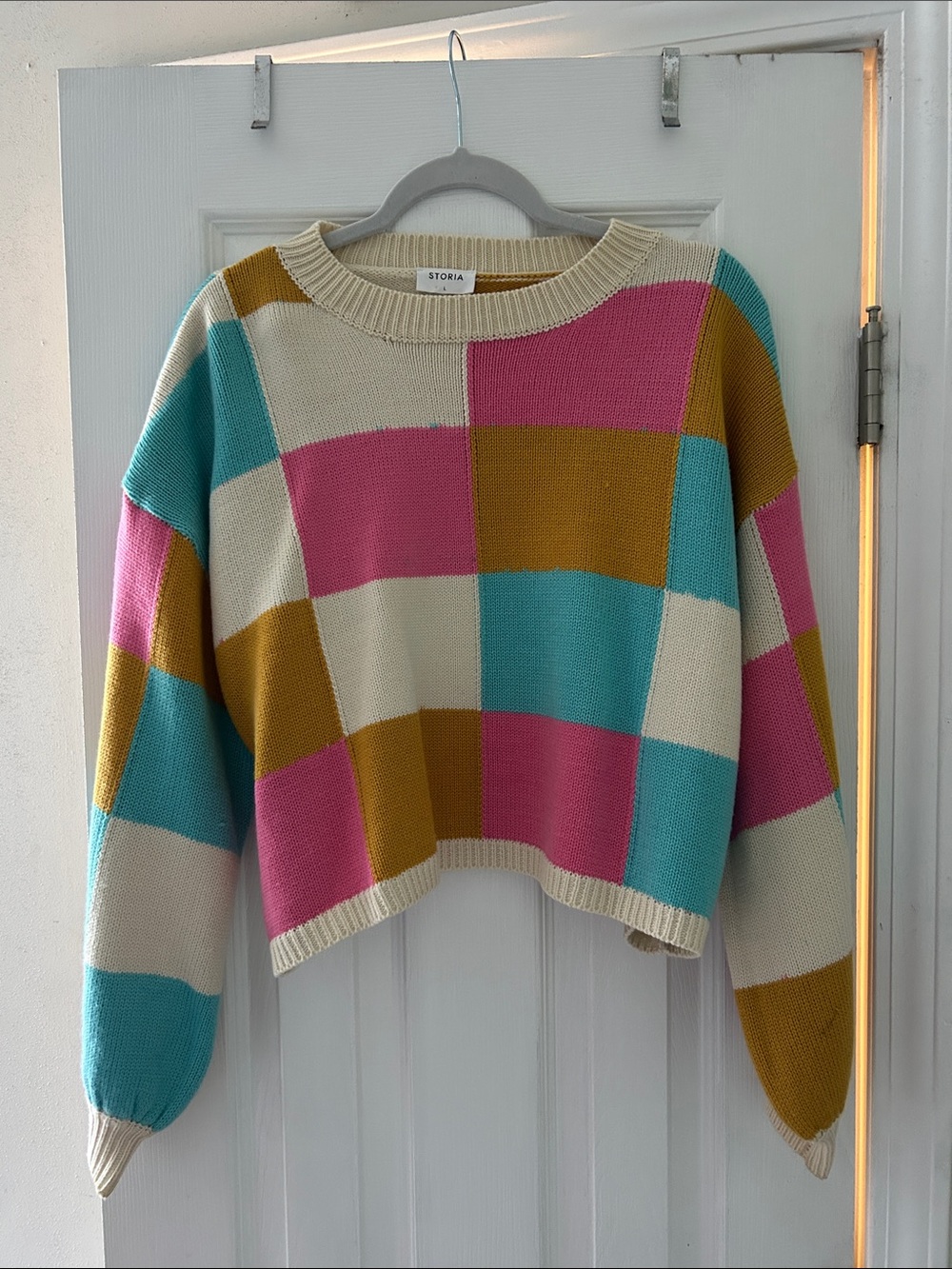 Storia Colorblock Checkered Crewneck Sweater - Pink, Teal, Mustard, Cream